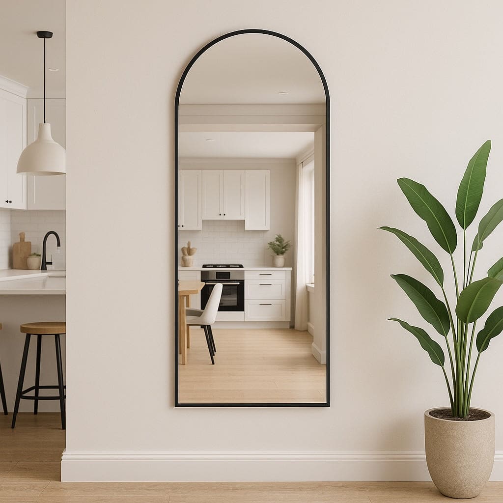 Akiko - Full Length Black Metal Arched Mirror - 160cm x 60cm displayed in a modern kitchen setting.