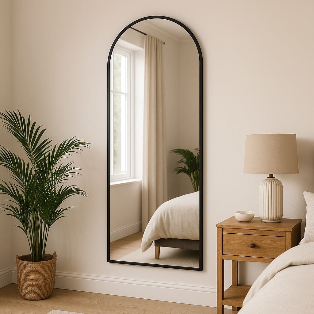 Akiko - Full Length Black Metal Arched Mirror - 160cm x 60cm displayed in a stylish bedroom setting.