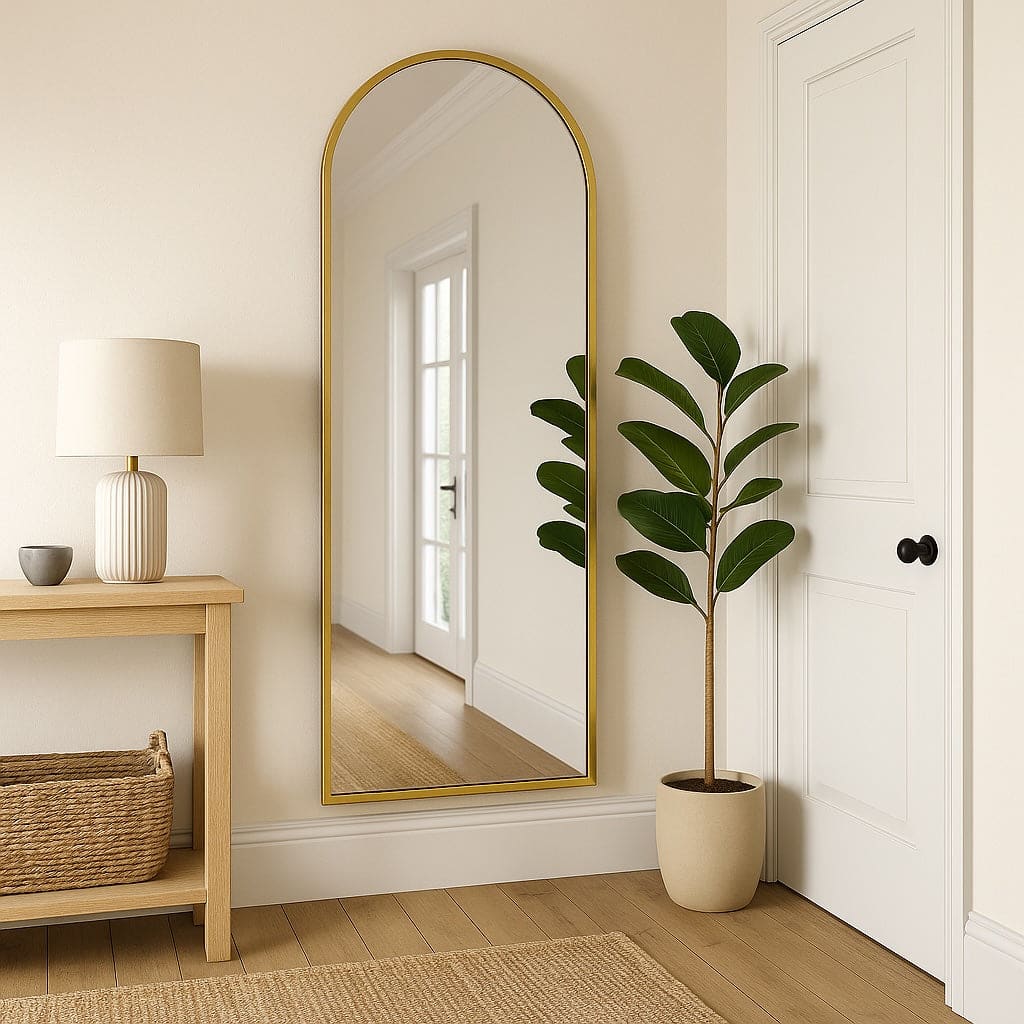 Akiko - Full Length Gold Metal Arched Mirror - 160cm x 60cm displayed in a neutral room with plants and decor.