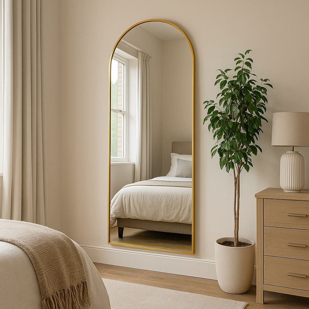 Akiko - Full Length Gold Metal Arched Mirror - 160cm x 60cm displayed in a contemporary bedroom setting.