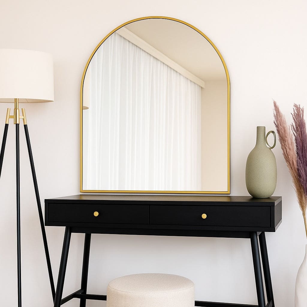 Akiko - Gold Metal Arched Mirror - 120cm x 95cm over a black console table with modern decor elements.