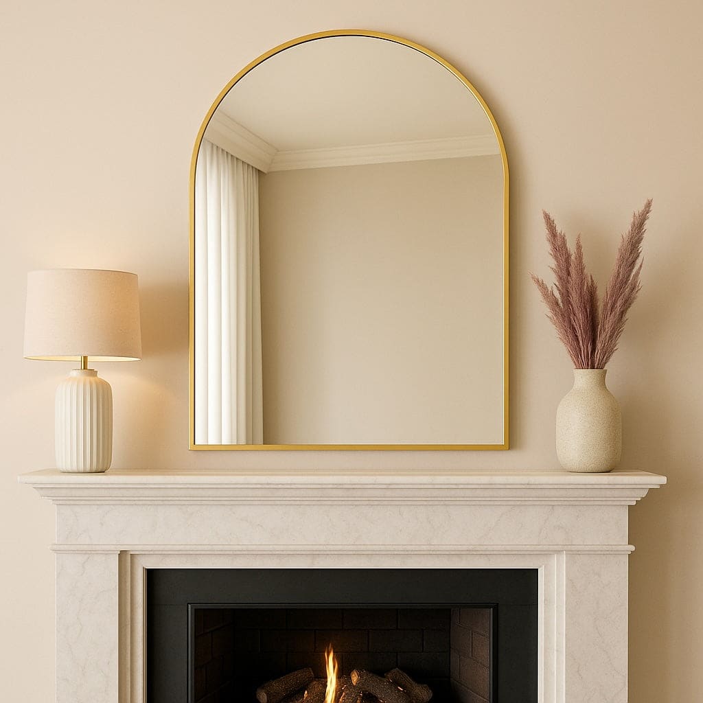Akiko - Gold Metal Arched Mirror - 120cm x 95cm above a fireplace with decorative lamp and vase.