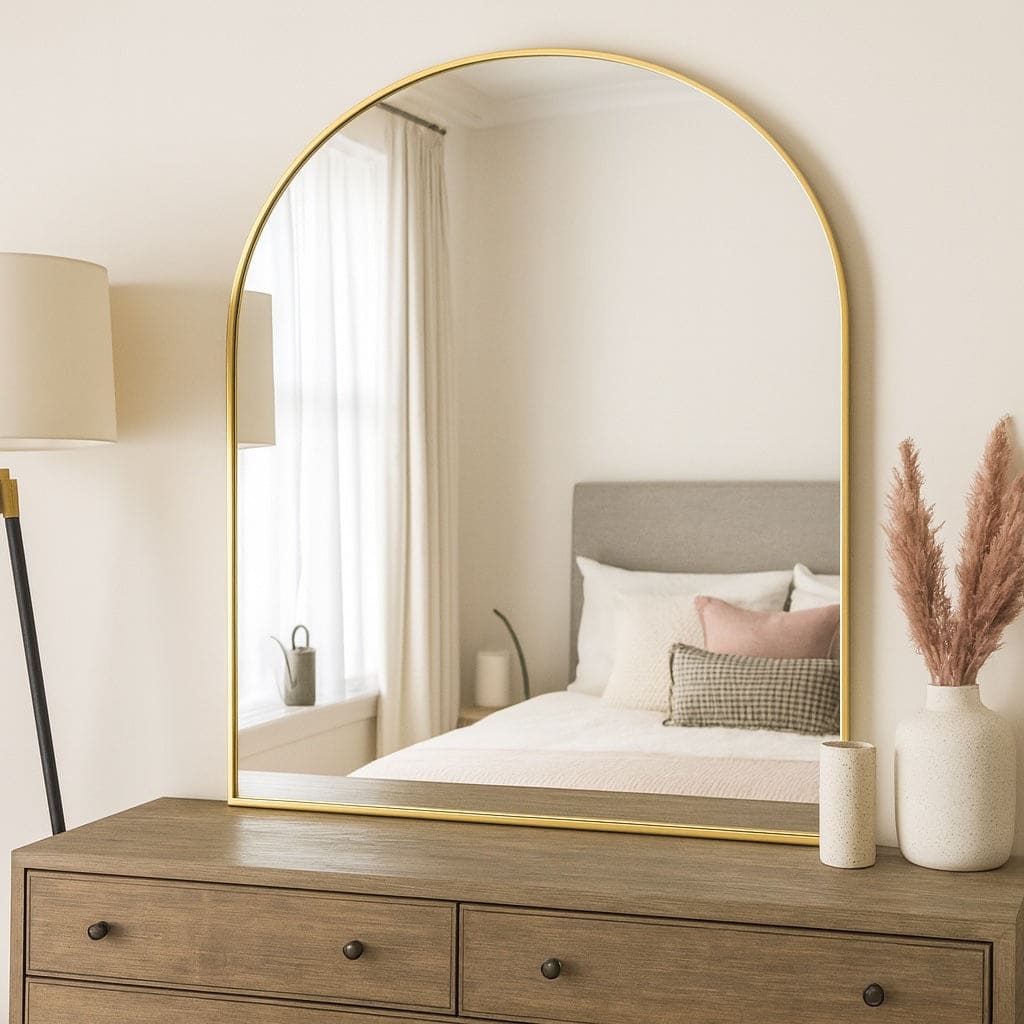 Akiko - Gold Metal Arched Mirror - 120cm x 95cm reflecting a stylish bedroom decor with a neutral palette.