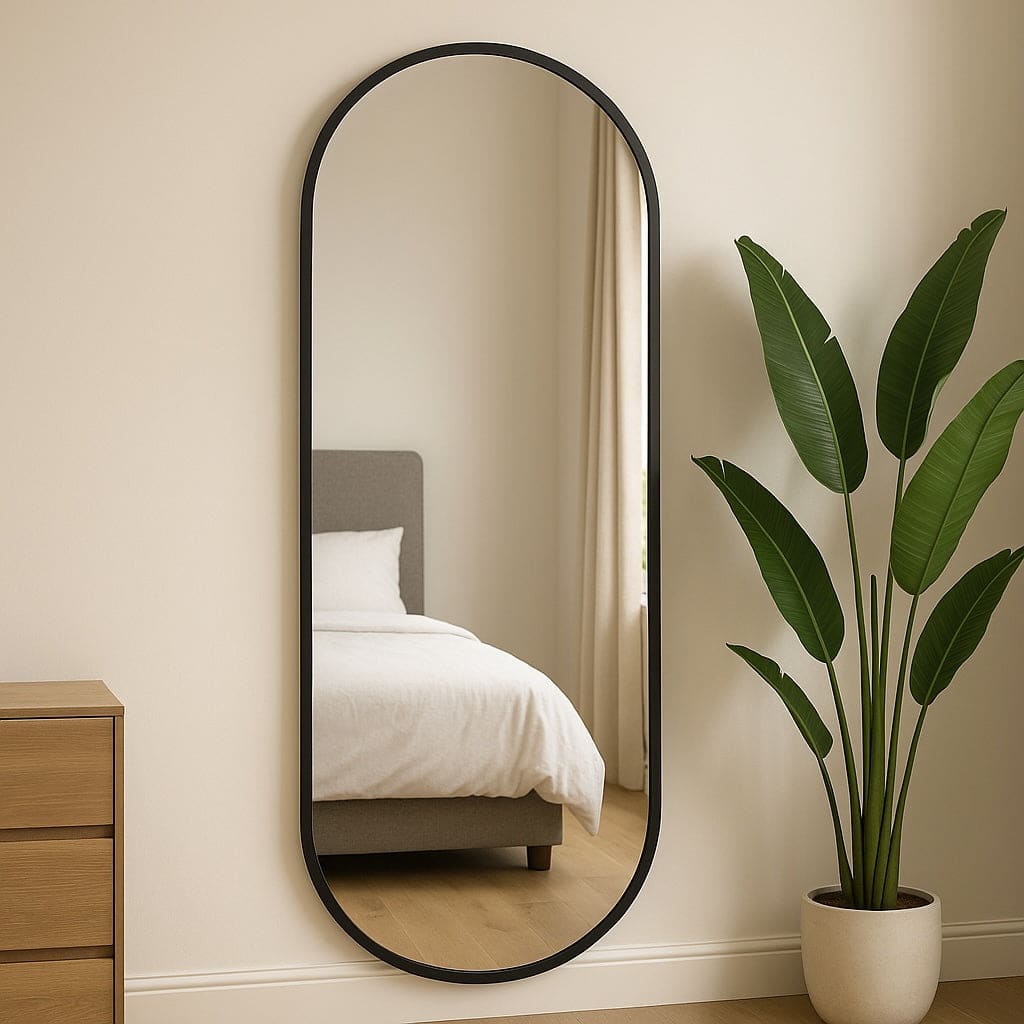 Emi - Full Length Black Metal Runway Oval Mirror - 180cm x 80cm in a stylish bedroom setting with lush plant.