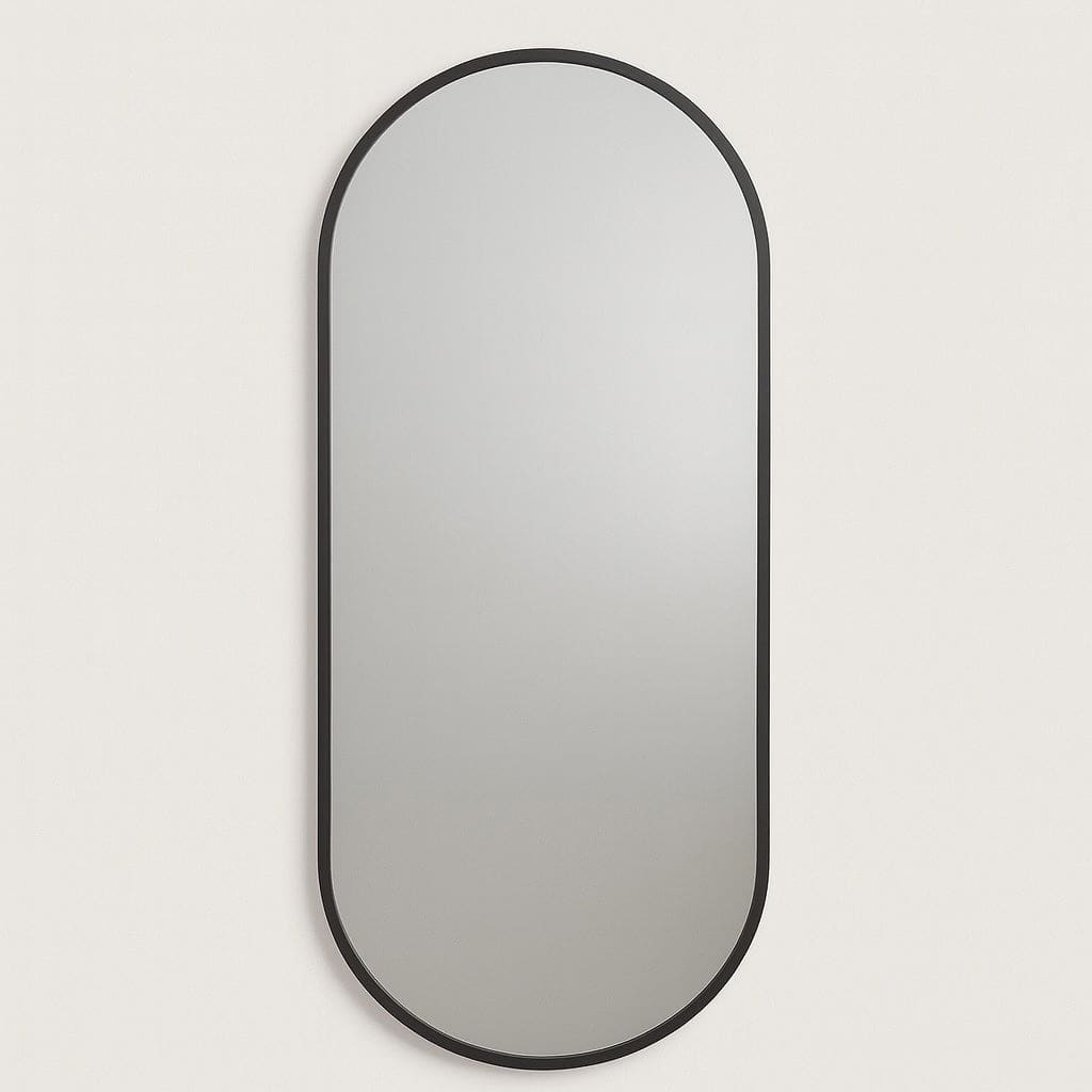 Emi - Full Length Black Metal Runway Oval Mirror - 180cm x 80cm displayed on a neutral background.