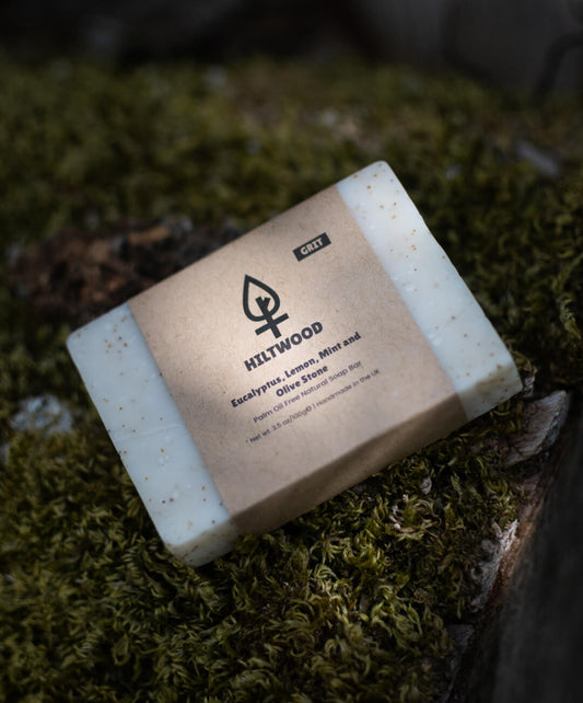 Eucalyptus Lemon Mint and Olive Stone Natural Soap Bar on moss background, showcasing refreshing natural ingredients.