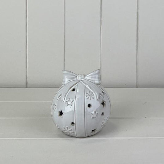 Glazed Ceramic Baulbe with Bow Ornament with Textured Detail and LED (10.6cm)