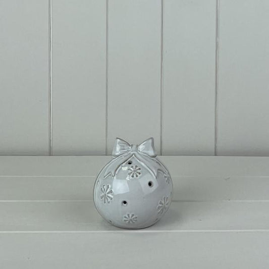 Glazed Ceramic Bauble with Bow Ornament with Textured Detail and LED (9.4cm)