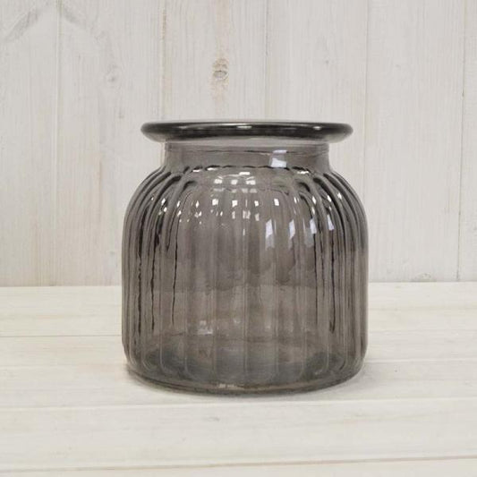 Smoky Grey Ribbed Vase D14.8cmx  H14.7cm