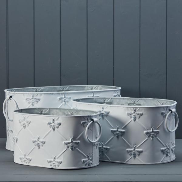 Set of Three White Oval Bee Zinc Planters L38cm M31cm S26cm