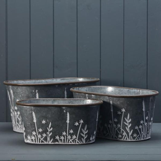 Set of Three Meadow Oval Zinc Planters