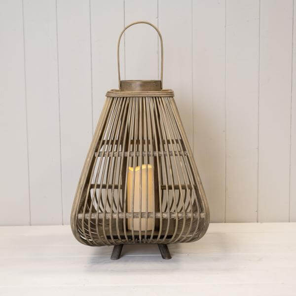 Medium Bamboo Lantern with LED Candle H40, D29cm on a white wooden surface.