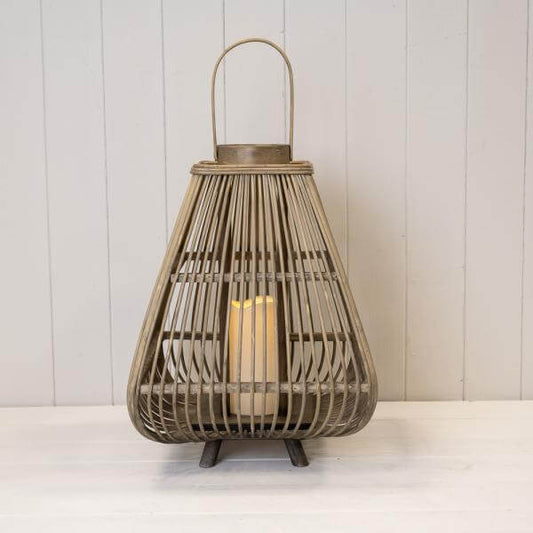 Medium Bamboo Lantern with LED Candle H40, D29cm on a white wooden surface.