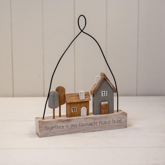 Wooden Hanging 'Together is My Favourite Place To Be' Home Sign with Grey and Natural House and Tre