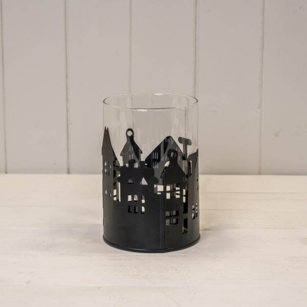 Medium Black Metal House Scene Candle Holder with Glass Insert on a white background.