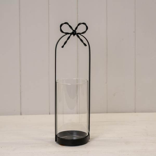 Small Black Metal Candle Holder with Bow on a white background, featuring a sleek design and stylish bow.