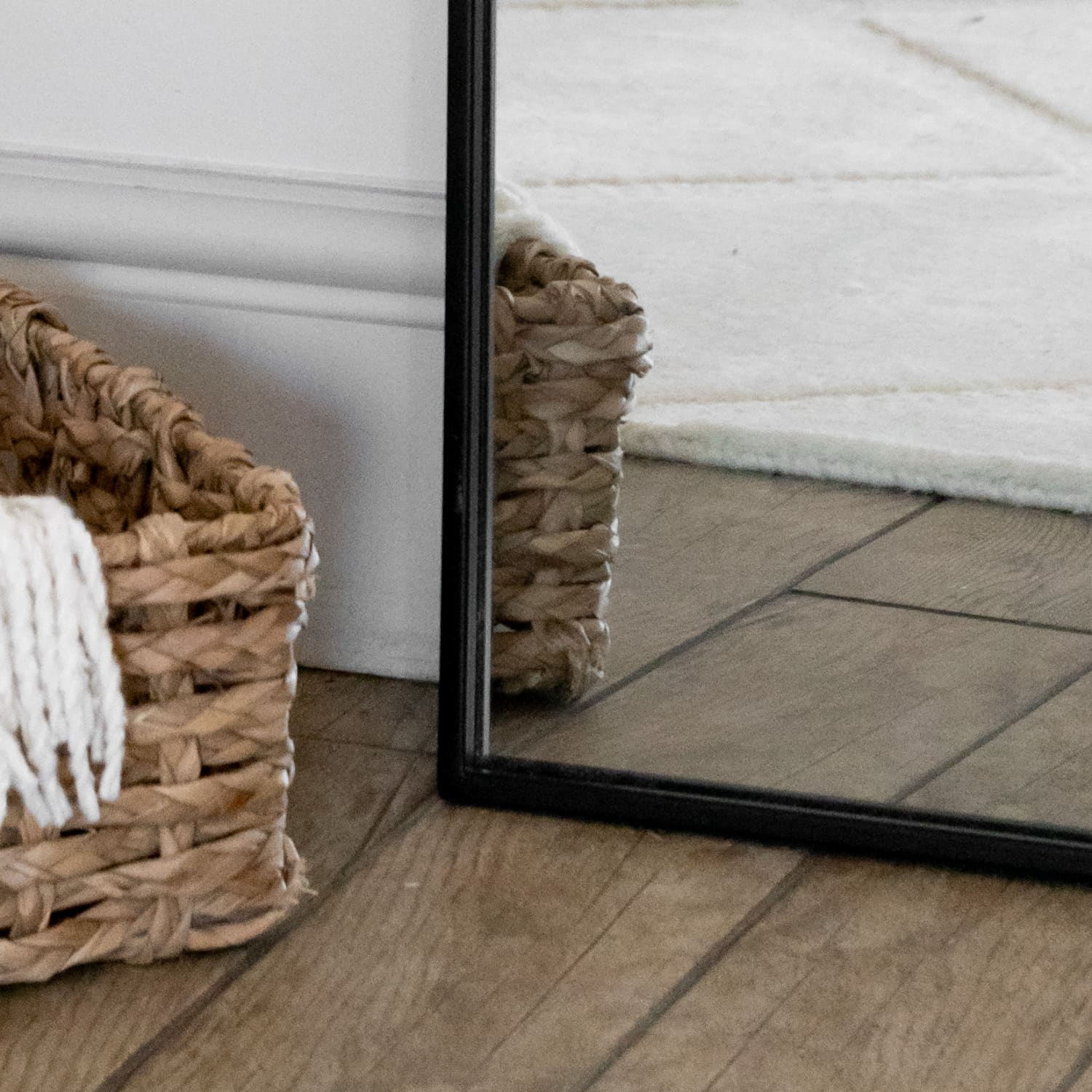 Yoko - Full Length Black Metal Gentle Arch Mirror - 180cm x 90cm detail with basket and floor reflection