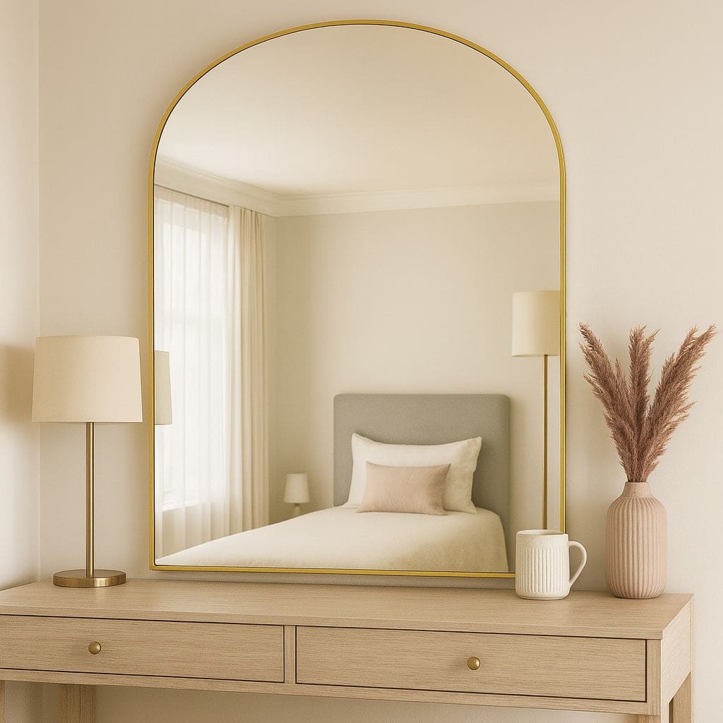 Yoko - Gold Metal Gentle Arch Mirror - 120cm x 95cm reflecting a softly arched design in a modern interior setting.